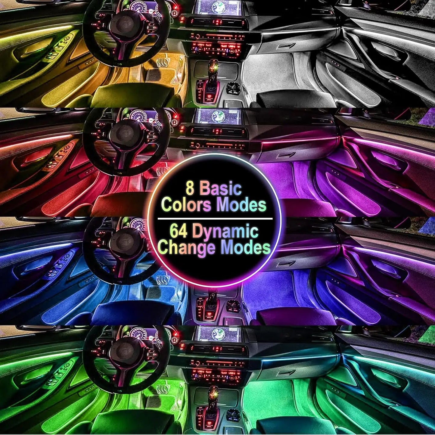 Multicolored 12v led car interior strip lights with remote control music sync color and 64 dynamic change modes