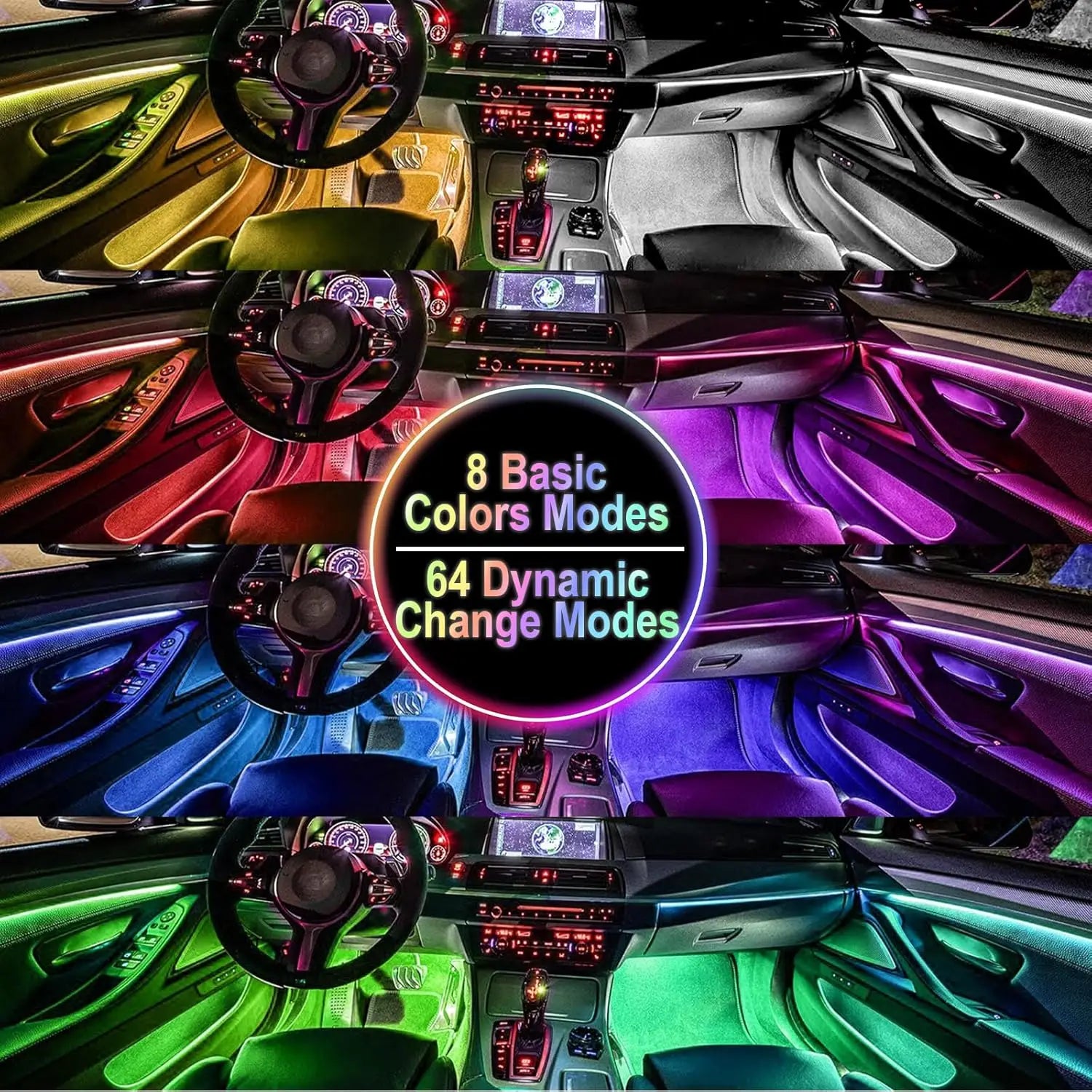Multicolored 12v led car interior strip lights with remote control music sync color and 64 dynamic change modes