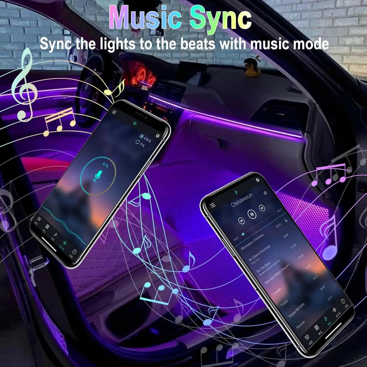 Purple 12v led car interior strip lights with remote control music sync color illuminating vehicle cabin