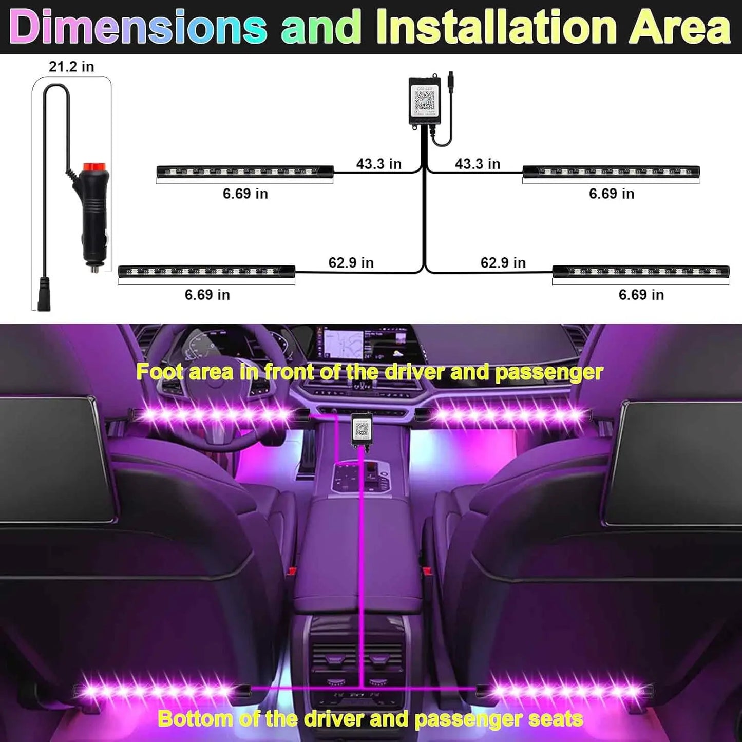 Purple 12v led car interior strip lights with remote control music sync color change for truck ambiance lighting