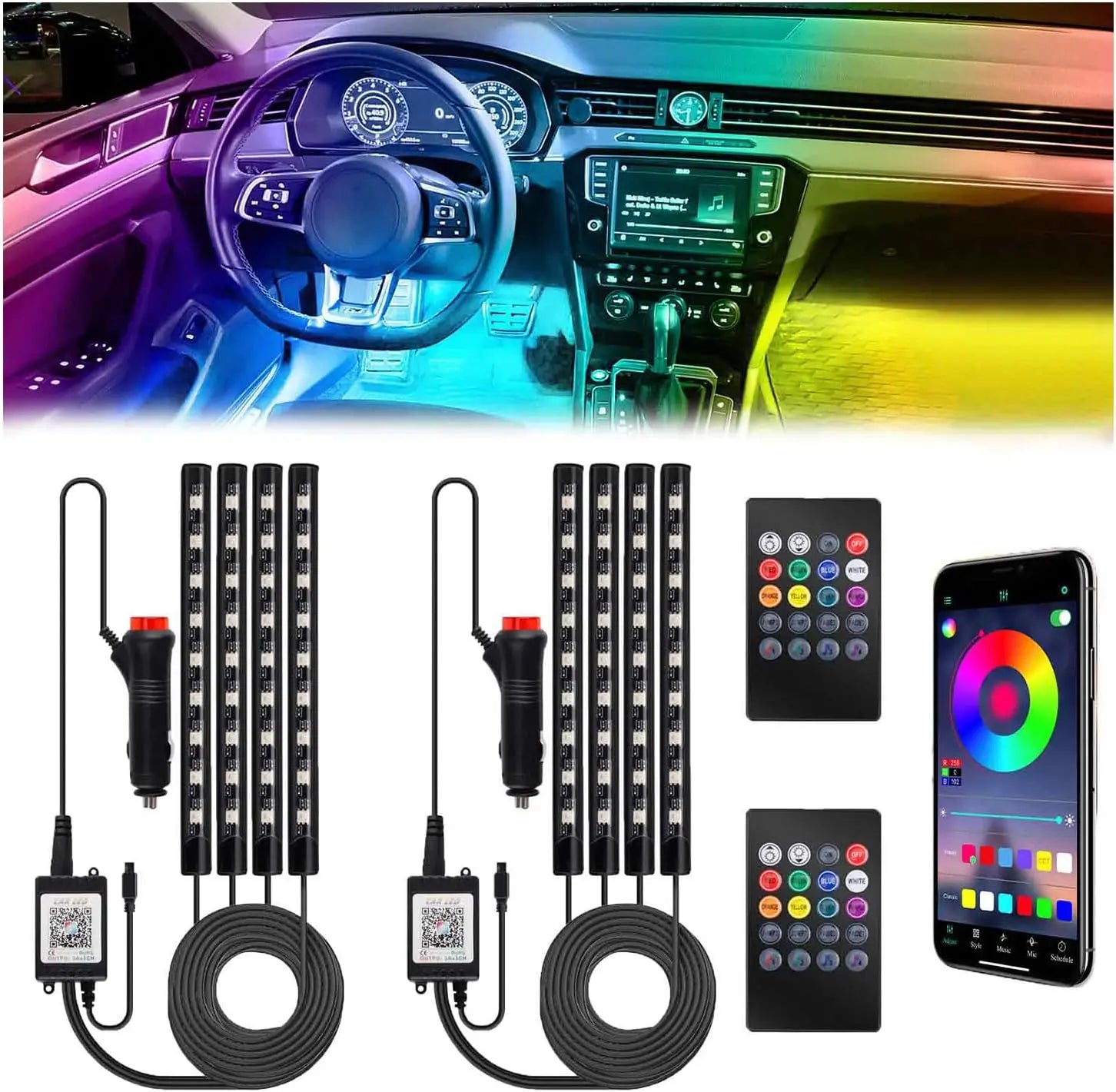 Set of black 12v led car interior strip lights with remote control music sync color and smartphone app for customization