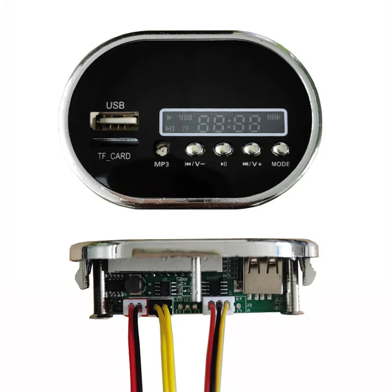 Black oval 12v music player with silver trim for children’s electric car featuring car startup sound and usb tf slots
