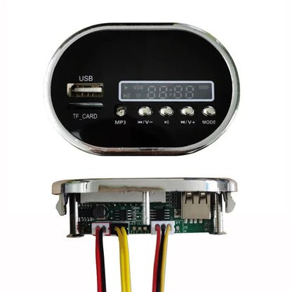 Black oval 12v music player with silver trim for children’s electric car featuring car startup sound and usb tf slots