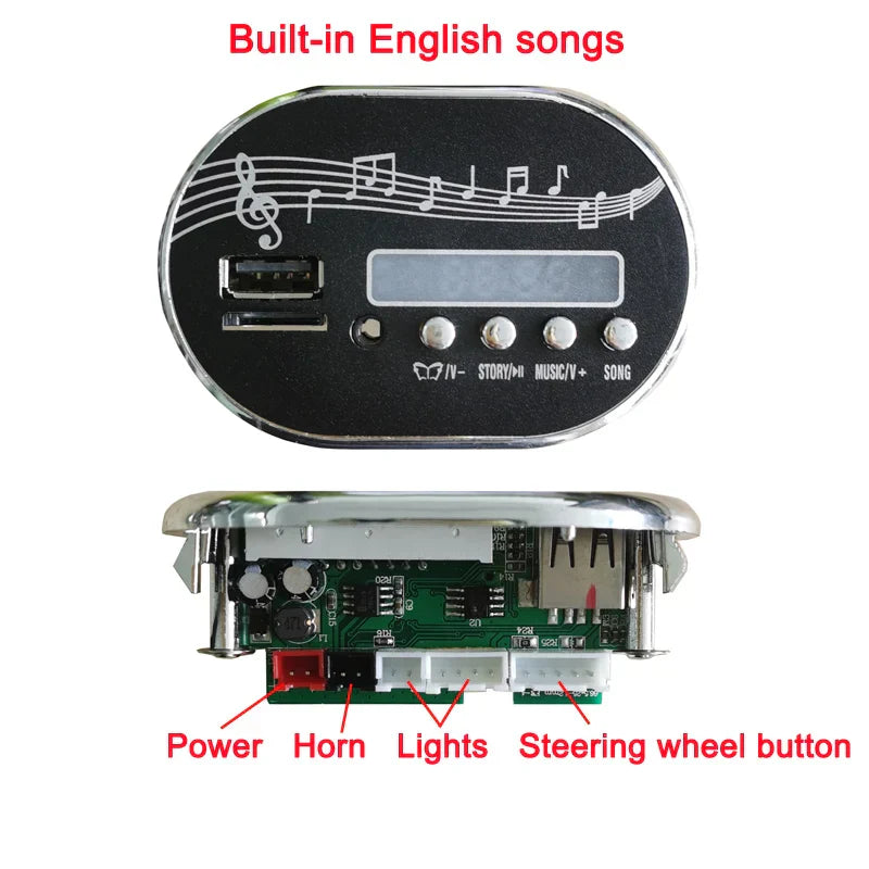 Black oval 12v music player for children’s electric car with silver musical note design usb ports car startup sound display