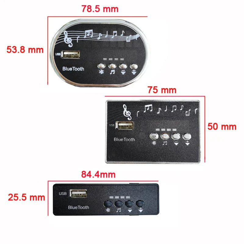 Black rectangular bluetooth 12v music player for children’s electric car with silver trim usb port and car startup sound