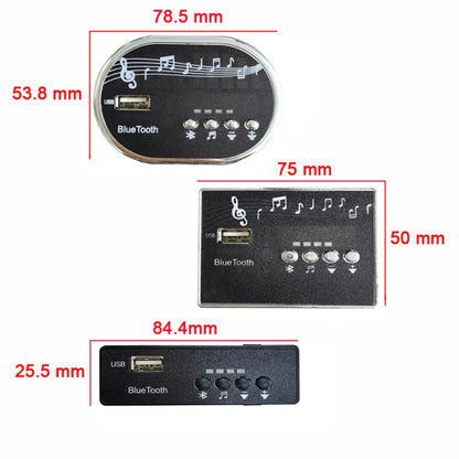 Black rectangular bluetooth 12v music player for children’s electric car with silver trim usb port and car startup sound