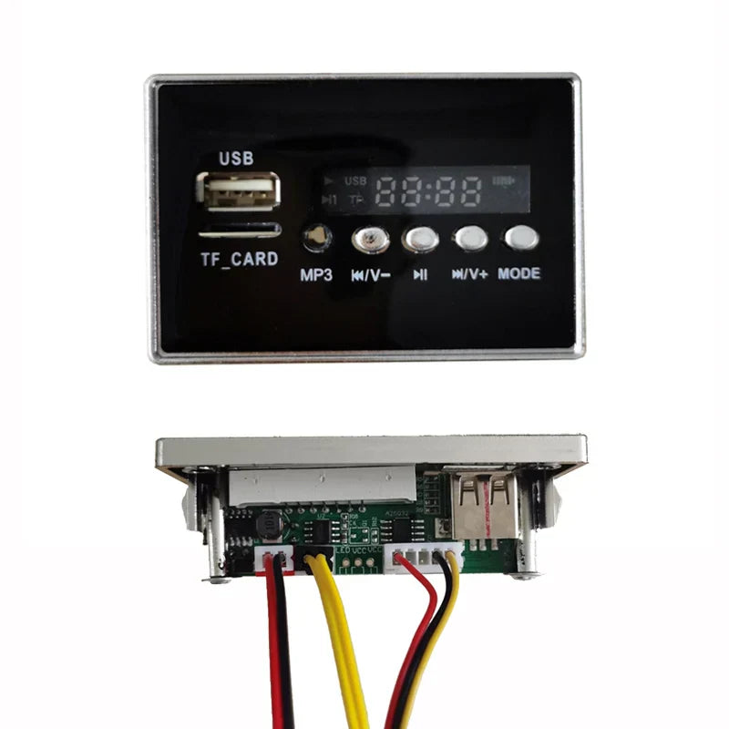 Black rectangular 12v music player with silver trim, usb tf slots, digital display, car startup sound for children electric car