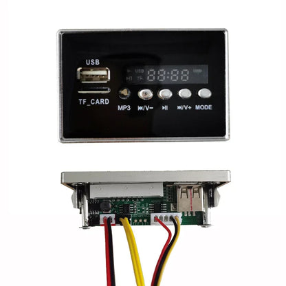 Black rectangular 12v music player with silver trim, usb tf slots, digital display, car startup sound for children electric car