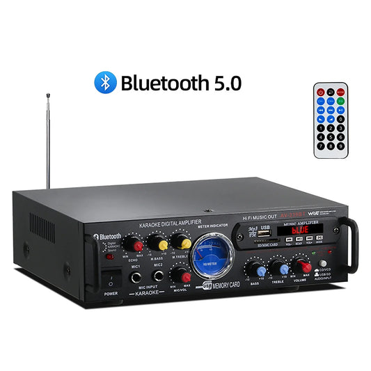 Black bluetooth 5.0 12v220v hifi digital karaoke amplifier with blue meter and multiple audio control knobs for surround sound amplifiers