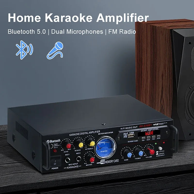 Black rectangular 12v220v hifi digital bluetooth amplify channel home karaoke amplifier with blue meter and labeled ports