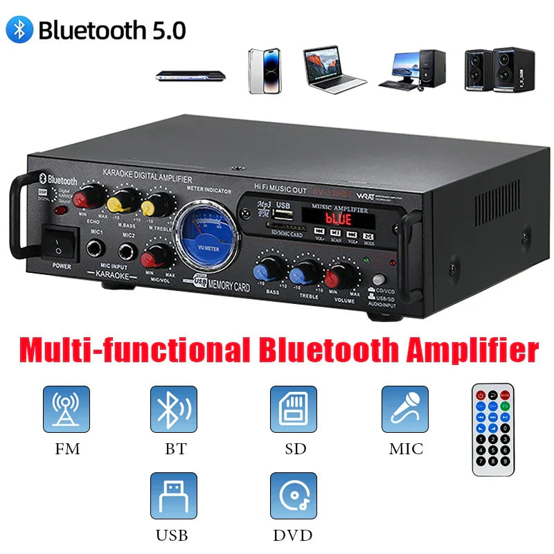 Black rectangular 12v220v hifi digital bluetooth amplify channel surround sound amplifier with blue meter and audio knobs