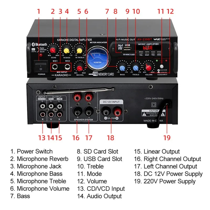 Black av-3398t 12v220v hifi digital bluetooth amplify channel surround sound amplifier with blue meter and multiple ports