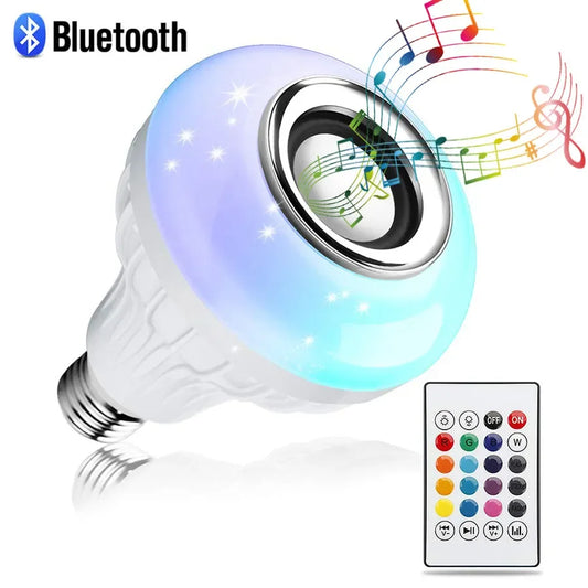 A sleek 12w e27 bluetooth speaker music bulb with a translucent white body and vibrant blue led lighting for home decor