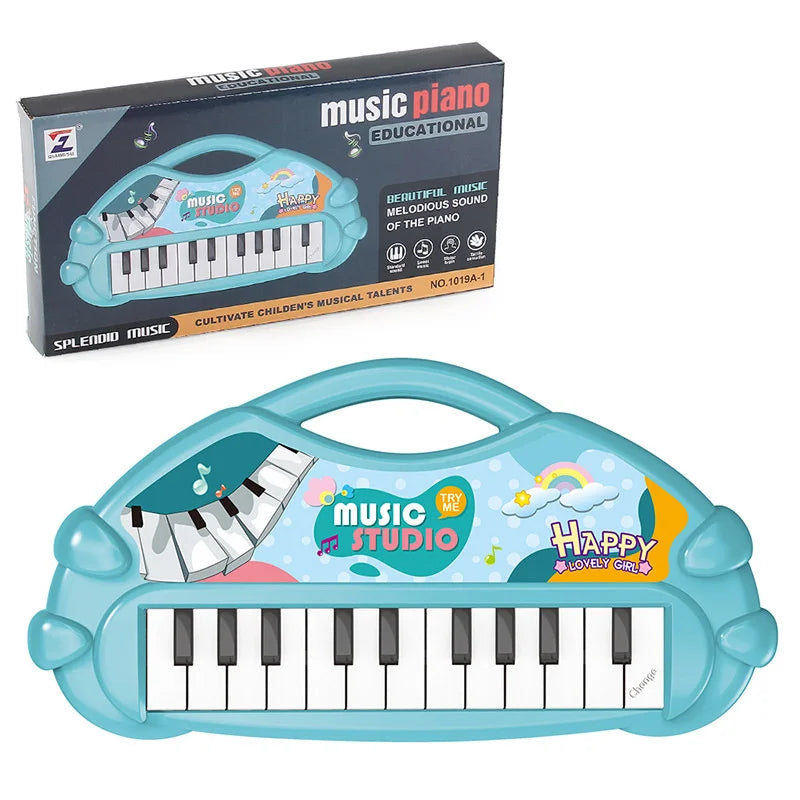 Light blue plastic piano musical toy with 13 keys and colorful cartoon graphics for instrument developmental early kids children gifts