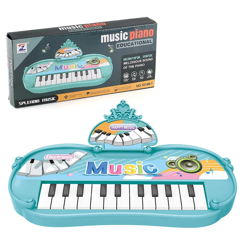 Teal plastic piano musical toy with 13 keys white black keys colorful music lettering and crown top for kids children gifts