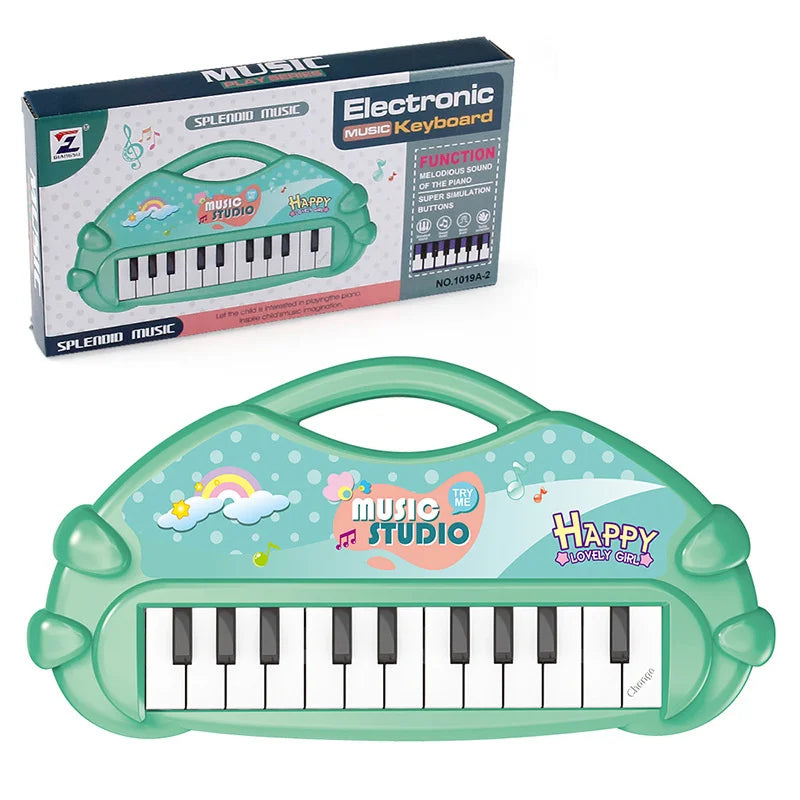 Teal plastic piano musical toy with 13 white and black keys rainbow and cloud decals for instrument developmental early kids children gifts