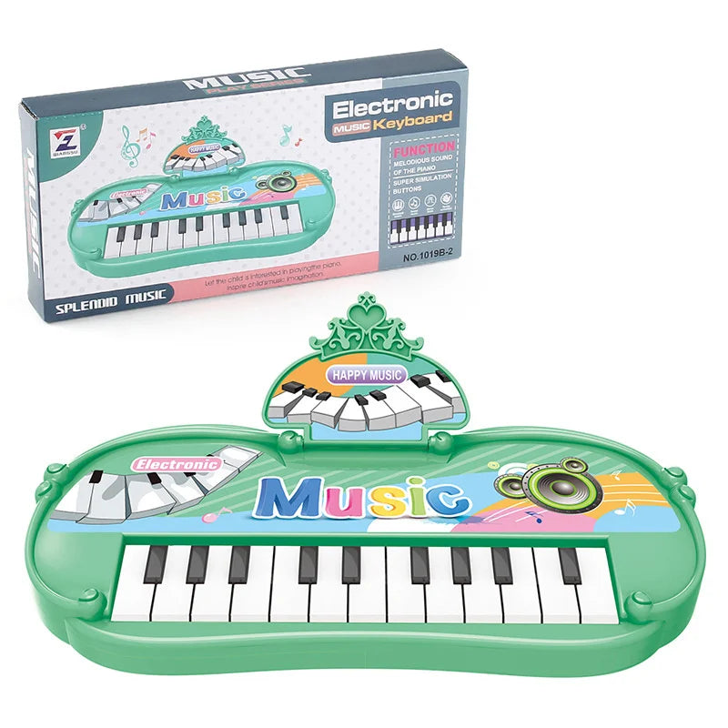Green plastic piano musical toy with 13 white and black keys colorful music logo and crown decoration for kids children gifts