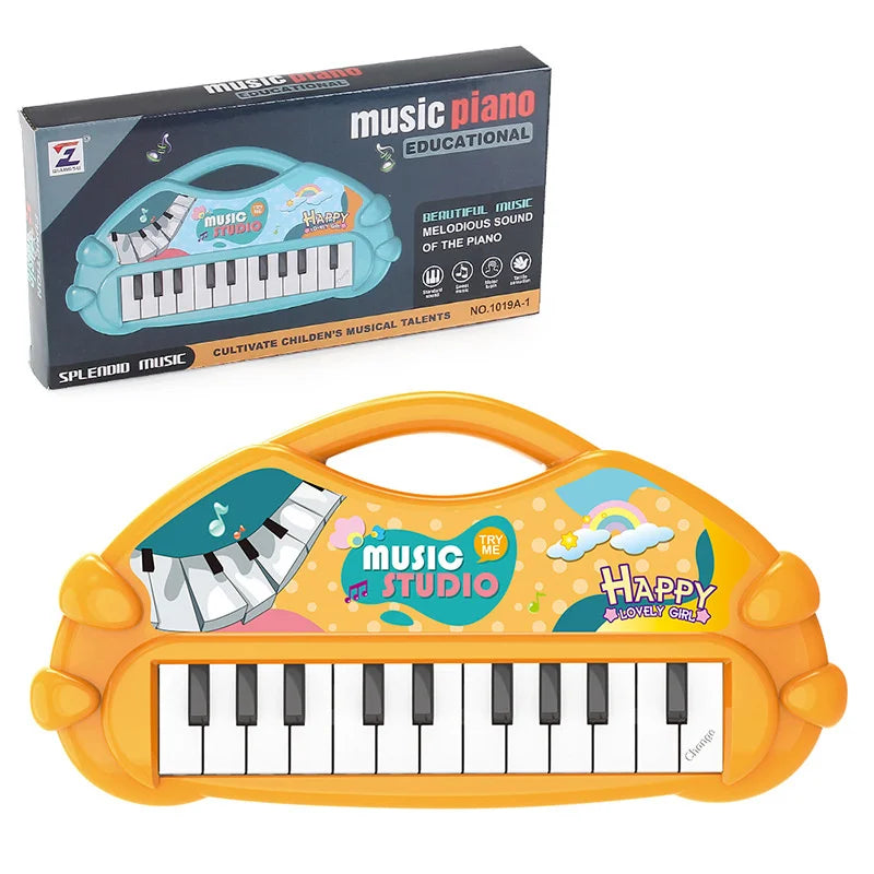 Yellow plastic piano musical toy with 13 keys and colorful cartoon graphics for instrument developmental early kids children gifts