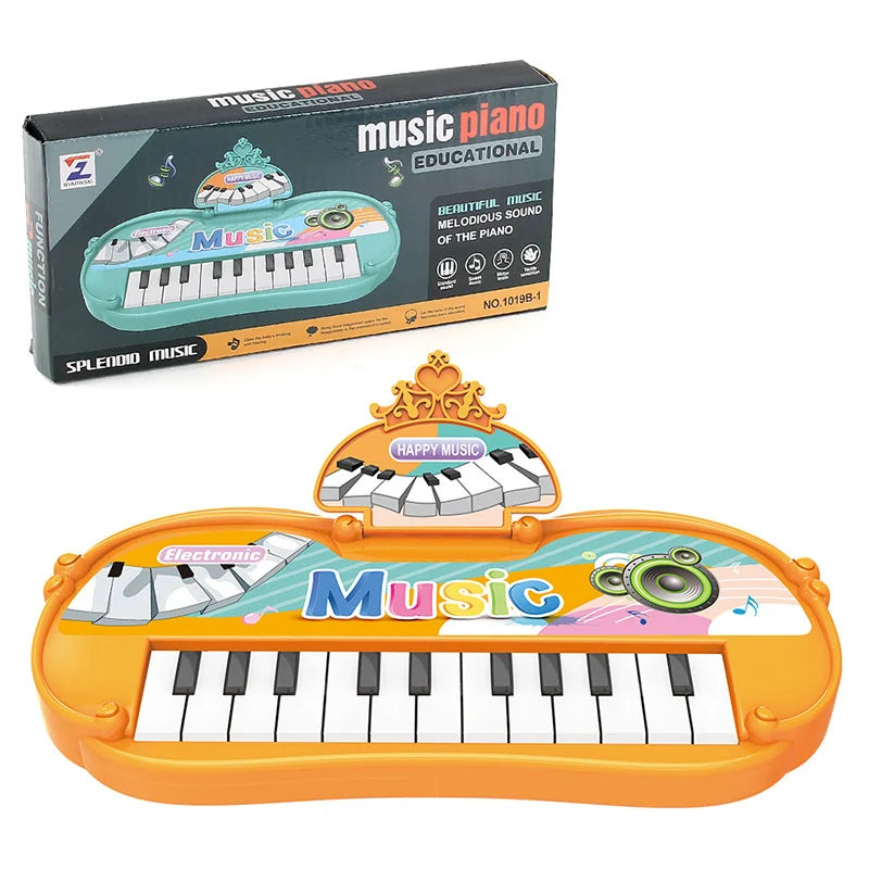 Orange plastic piano musical toy with 13 colorful keys and crown handle for instrument developmental early kids children gifts