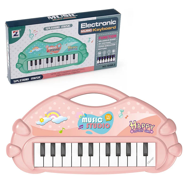 Pink plastic 13 keys piano musical toy with rainbow cloud stickers and music studio branding for kids children gifts