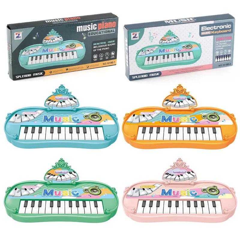 Colorful plastic piano musical toy keyboards in teal orange green and pink with crown tops for instrument developmental early kids children gifts