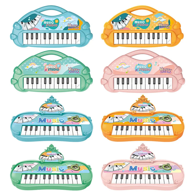 Colorful 13 keys piano musical toy keyboards in blue orange green and pink with cartoon designs for kids children gifts