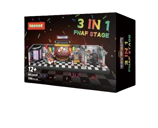 The box for the tormoc 3-in-1 fnaf stage building kit with colorful arcade design for 1388pcs horror game figure diy building