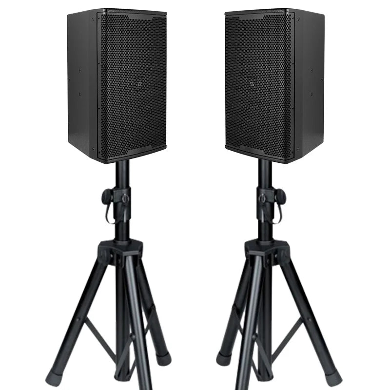 Black rectangular 1400w 12 inch subwoofer speakers with perforated grille on adjustable tripod stands for professional audio equipment