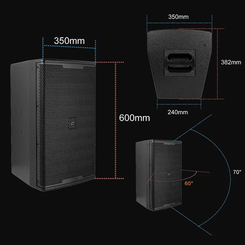 Black rectangular 1400w 12 inch subwoofer speaker with perforated grille and angled design for professional audio use