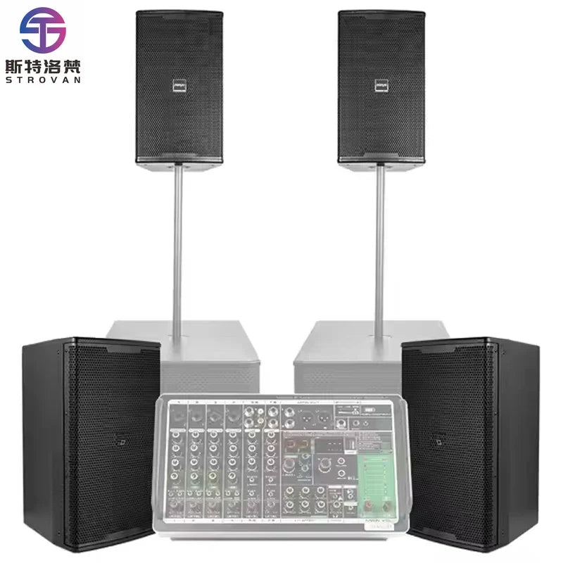 Black strovan 1400w 12 inch subwoofer speaker system with two floor-standing speakers and central mixing console decorate root