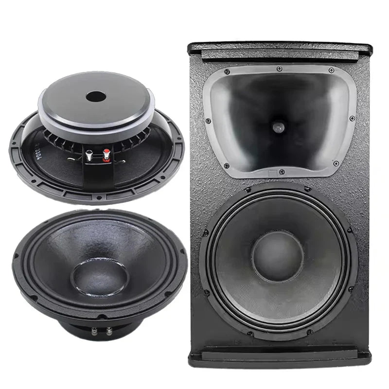 Black 1400w 12 inch subwoofer speaker with textured enclosure and silver cone driver for pro music stage use