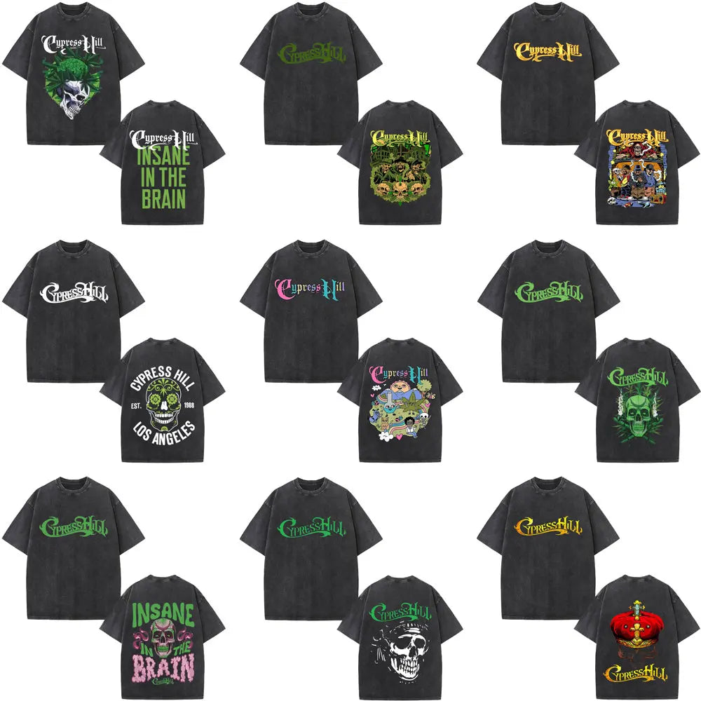 Washed Vintage Rapper Cypress Hill Skeleton Graphic T Shirts Men Women Hip Hop Fashion Oversized T-shirt Male Retro Streetwear