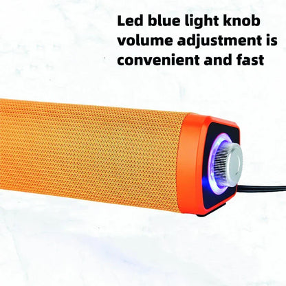 Orange long strip fabric small speaker desktop with glowing blue led volume knob for notebook desktop wired use
