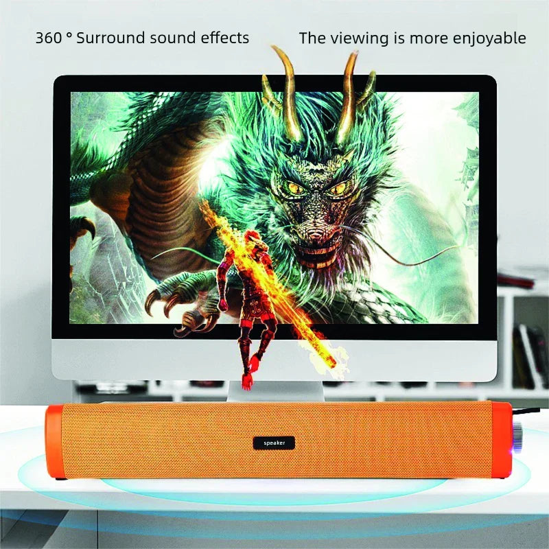 Orange and red long strip fabric small speaker desktop with black speaker label for notebook desktop wired use