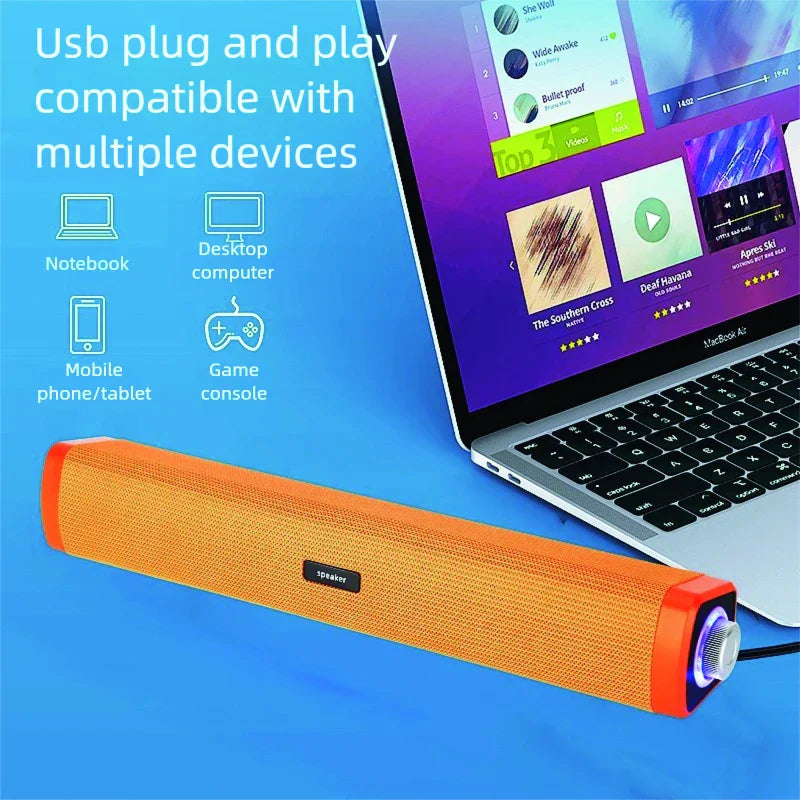 Orange textured long strip fabric small speaker desktop with red accents and silver volume knob for notebook desktop wired use