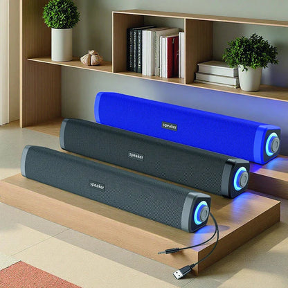 Three modern long strip fabric small speaker desktop models in blue and black with glowing led lights for notebook desktop wired use