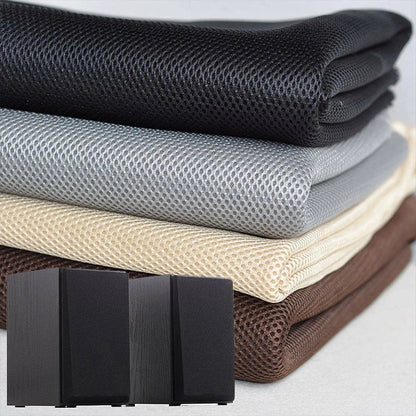 Stack of black gray beige and brown chemical fiber speaker mesh cloth panels for sound box dustproof and acoustic protection