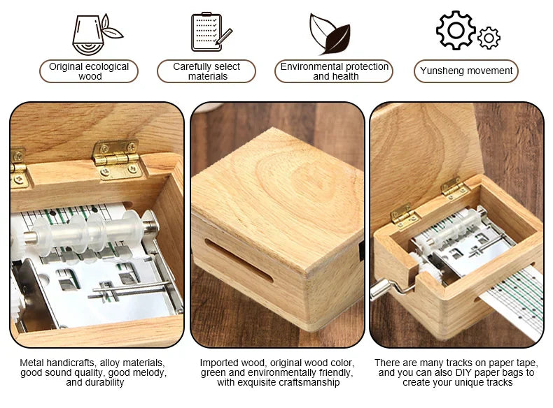 A light-colored wooden 15 30 tone hand-cranked music box with brass hinges paper tape puncher and music paper composing movement creative diy