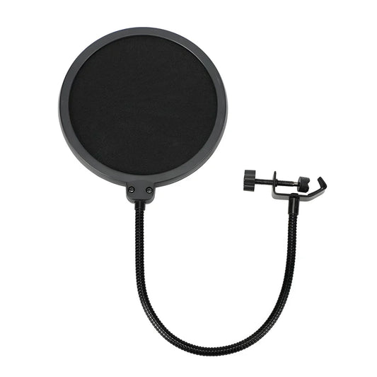 Black circular double layer microphone pop filter studio with flexible gooseneck and adjustable clamp sound filter mask
