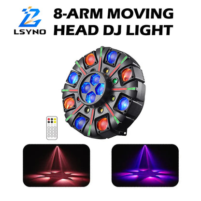 Black 8-arm head dj light with blue and red leds effect light dmx512 rotating disco party stage equipment