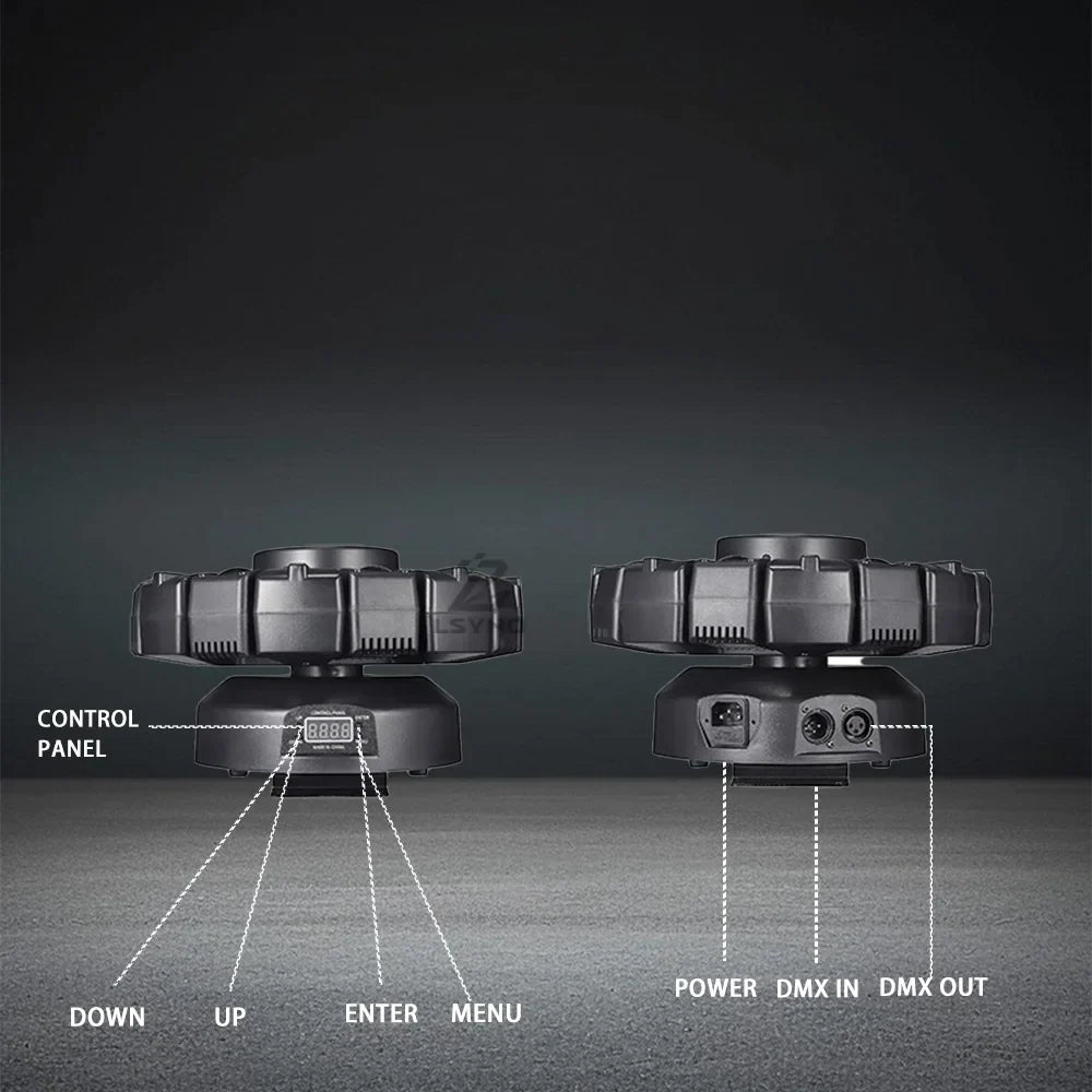 Black plastic 150w 8-arm head dj light with control panel and effect light dmx512 ports for rotating disco party use