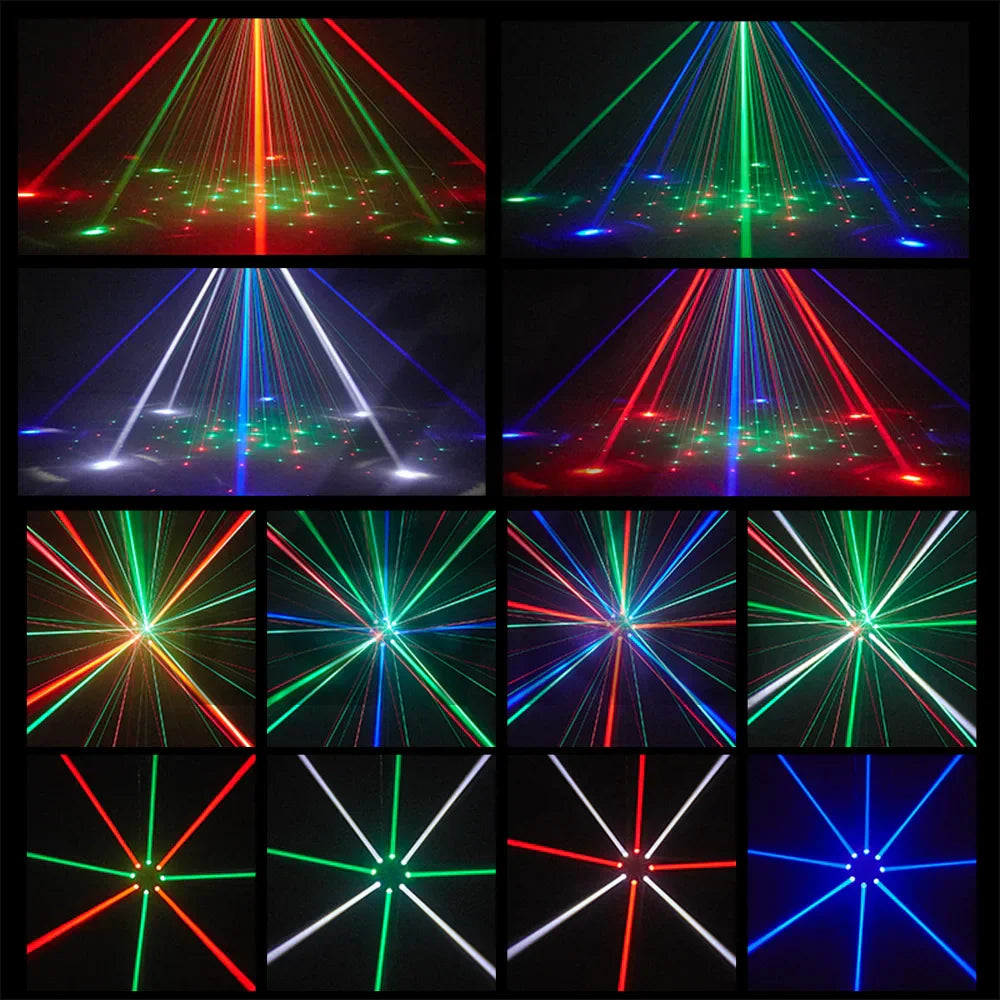 150w 8-arm moving head dj light displaying vibrant red green blue and white beams effect light dmx512 for rotating disco party