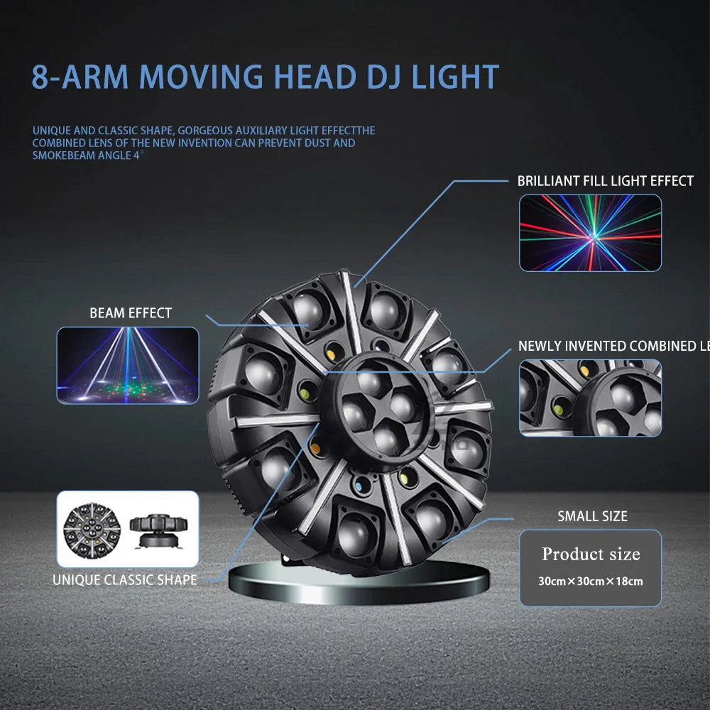 150w 8-arm moving head dj light with sleek black and silver design and multiple led beams for rotating disco party use