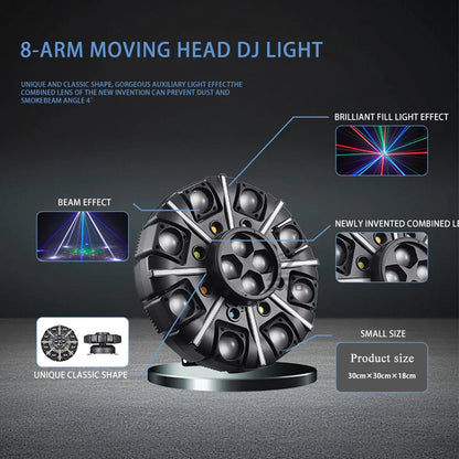 150w 8-arm moving head dj light with sleek black and silver design and multiple led beams for rotating disco party use