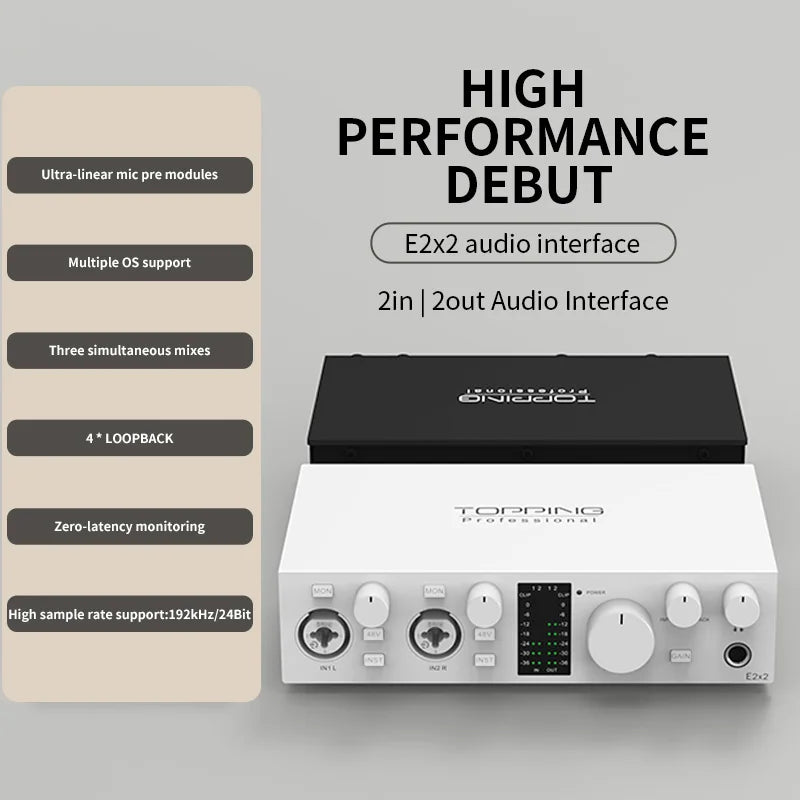 TOPPING E2x2 professional audio interface computer phone singing live streaming sound card recording mixing 2in 2out