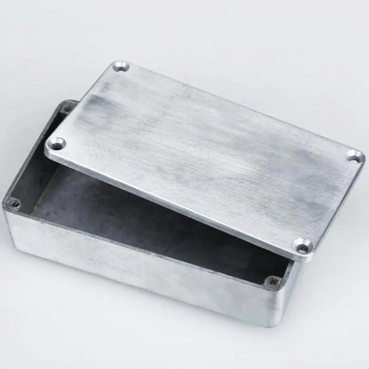 Silver-colored 1590b screws aluminum guitar effect case enclosure with hinged lid and four corner mounting holes holder replacement durable