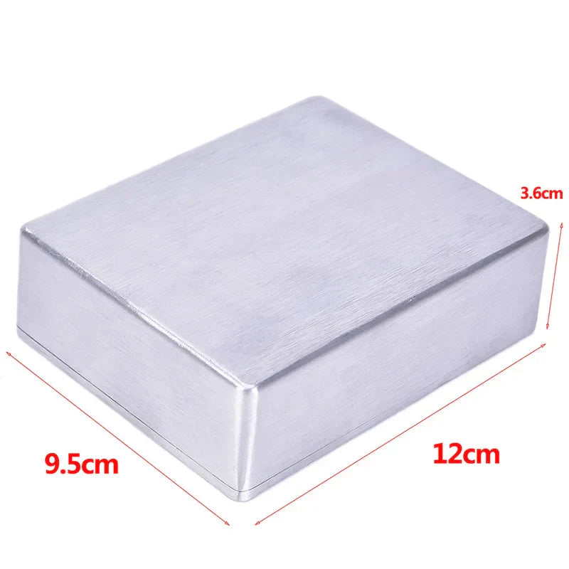 Silver rectangular 1590bb aluminum case with brushed finish and precise edges effects pedal enclosure guitar use