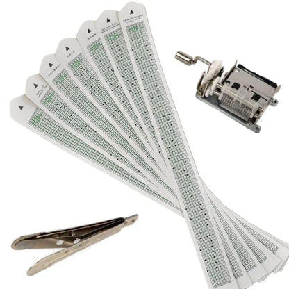 Set of seven white paper tape music sheets with green grid lines and a silver hand crank music box mechanism for 15note diy hand use