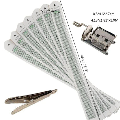Set of seven white paper tape music score sheets with green grids and a silver 15note diy hand crank music mechanism