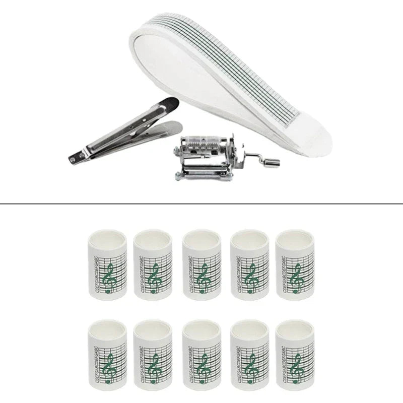 White cylindrical 15note diy hand crank music boxes with green treble clef and paper tape for personalized songs